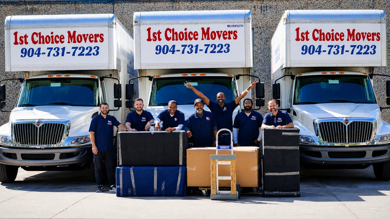 The 1st Choice Movers crew with moving equipment and three branded trucks